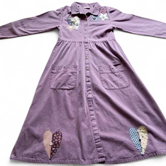 Vintage 90s Purple Long Sleeve Dress with Heart Patches - Picture 1 of 8